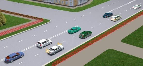 Малюнок до питання 9: Чи дозволено водієві білого автомобіля при інтенсивному русі виконати перестроювання?