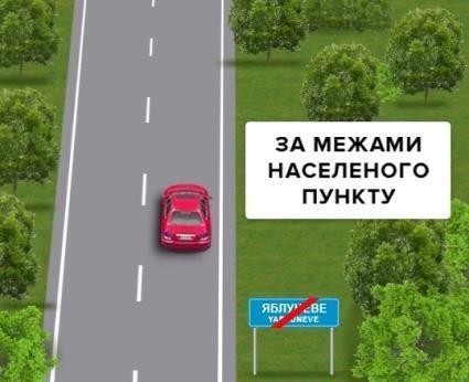 Малюнок до питання 6: З якою максимальною швидкістю допускається рух на цій дорозі легкового автомобіля, якщо він рухається за…