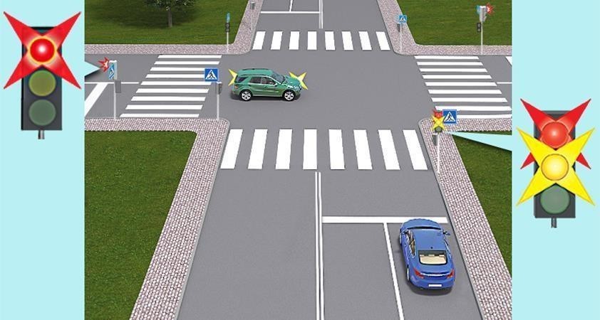 Малюнок до питання 24: Як повинен вчинити водій синього автомобіля у разі ввімкнення зеленого сигналу світлофора?
