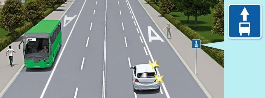 Малюнок до питання 4: Чи має право водій білого автомобіля в даній ситуації виїхати і зупинитися на смузі для маршрутних…