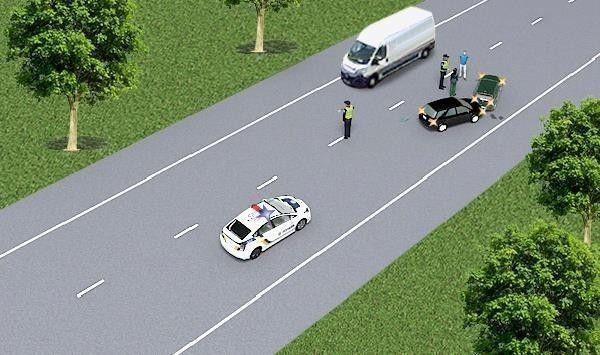 Малюнок до питання 3: Наближаючись до нерухомого автомобіля з увімкненим проблисковим маячком синього кольору, що стоїть на…