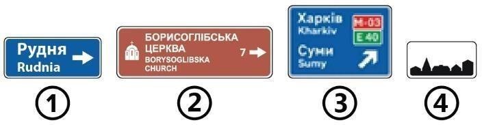 Малюнок до питання 85: Який із зображених дорожніх знаків інформує про напрямок руху до зазначених на ньому пам'яток?