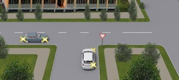 Малюнок до питання 9: Ви водій, рухаючись на сірому автомобілі вирішили повернути праворуч на другому перехресті. Ви: